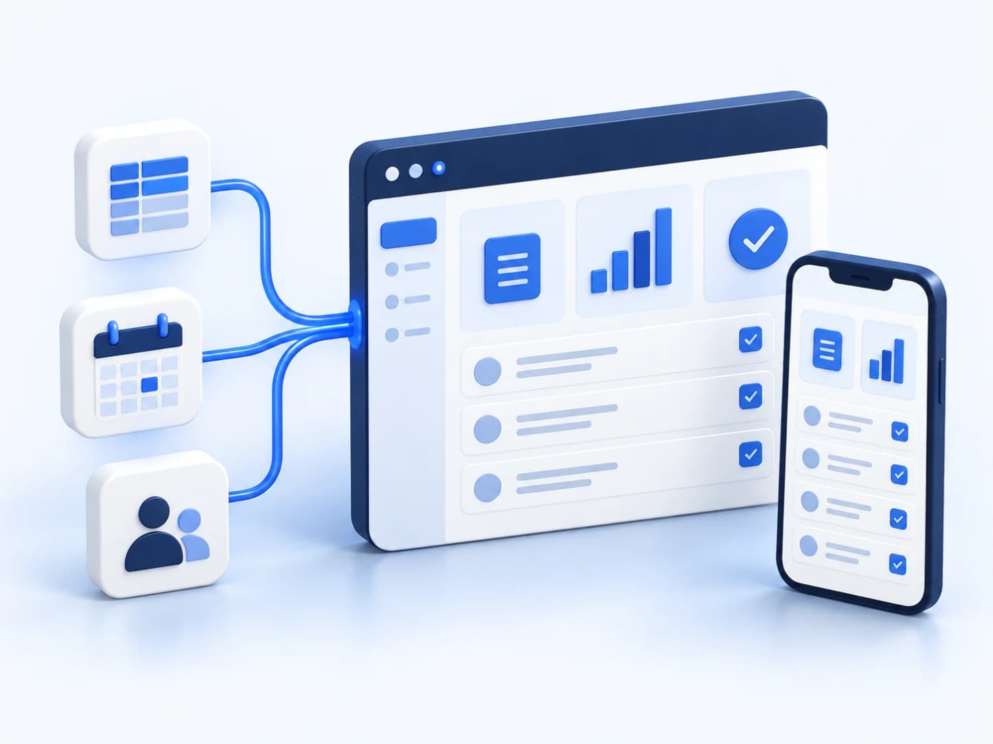 Illustration of spreadsheets, scheduling, and customer records connected to one clear desktop and mobile app.